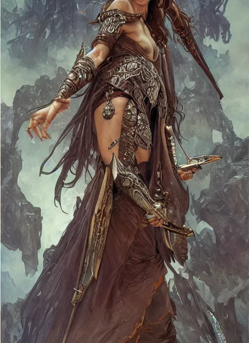 Image similar to Sandra Bullock as a beautiful warrior woman, fantasy, intricate, elegant, highly detailed, centered, digital painting, artstation, concept art, smooth, sharp focus, illustration, art by artgerm and donato giancola and alphonse mucha