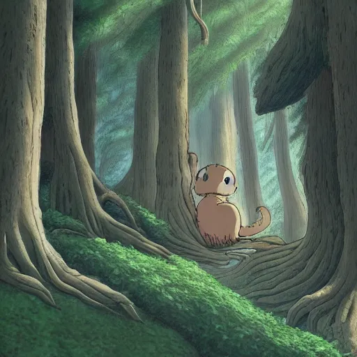 Image similar to creature in the forest in the ghibli artstyle, art 8k detailed, smooth, highly detailed, ghibli