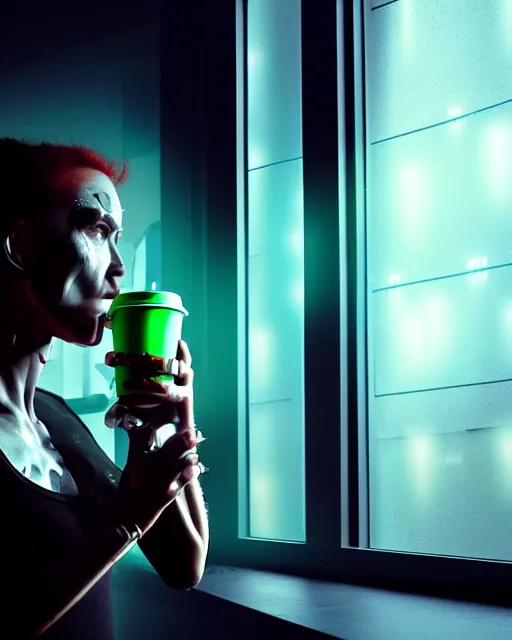 Image similar to a terminator cyborg lady with borg implants and a young human face is drinking coffee near a window with dystopian city visible outside. tiny green led lights in her cybernetics. very detailed 8 k. horror cyberpunk style.