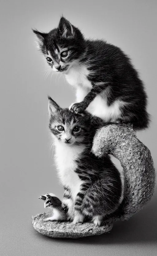 Prompt: Award winning Editorial photo of an adorable kitten standing on the back of a calm and happy duckling by Edward Sherriff Curtis and Lee Jeffries, 85mm ND 5, perfect lighting, gelatin silver process