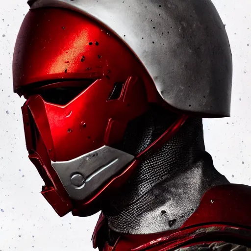 Image similar to headshot of a 5 0 year old soldier wearing blood - spattered glossy sleek white dinged scuffed armor and a long torn red cape, heroic posture, battle - weary, strained expression, determined expression, no helmet, on the surface of mars, dramatic lighting, cinematic, sci - fi, hyperrealistic, detailed