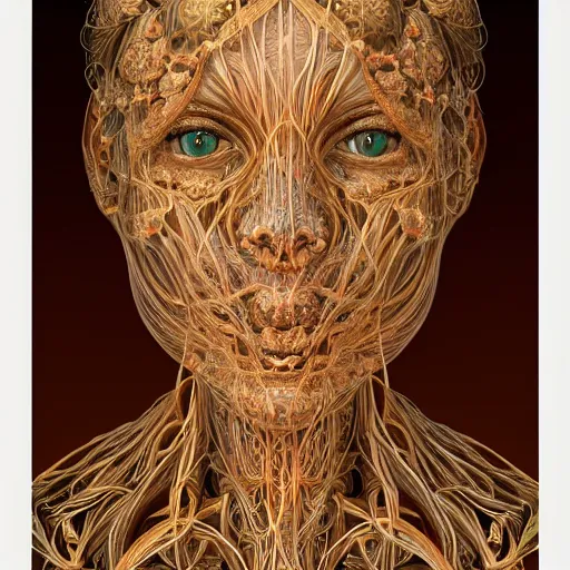 Image similar to beatifull frontal face portrait of a woman, 150 mm, anatomical, flesh, flowers, mandelbrot fractal, veins, arteries, symmetric, intricate, golden ratio, full frame, microscopic, elegant, highly detailed, ornate, ornament, sculpture, elegant , luxury, beautifully lit, ray trace, octane render in the style of peter Gric , alex grey and Romero Ressendi