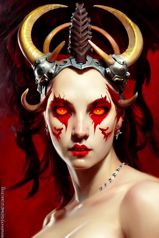 Prompt: painted close - up portrait of a attractive red - skinned intimidating demon cyborg girl with ram horns! oil painting, wearing a noblewoman's outfit, fantasy art by john singer sargent and gaston bussiere and james jean and greg rutkowski, demon noble character design, hd