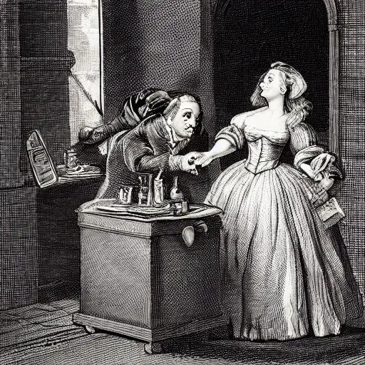 Prompt: Satirical illustration of coquette by William Hogarth, crosshatching