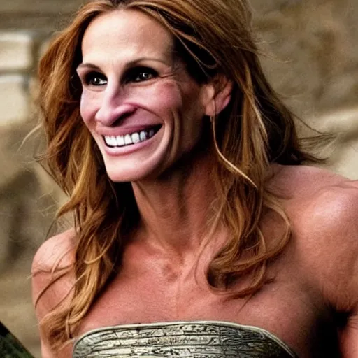 Prompt: first photos of 2 0 2 4 female 3 0 0 remake - muscular julia roberts as leonidas, put on 1 0 0 pounds of muscle, looks different, steroids, hgh, ( eos 5 ds r, iso 1 0 0, f / 8, 1 / 1 2 5, 8 4 mm, postprocessed, crisp face, facial features )