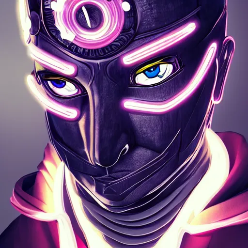 Prompt: detailed guy with mask made in persona style highly detailed, fragile looking, high quality, 8k, smooth, art, art, detailed face, sharp focus, beautiful scene, neon, handsome detailed face, leds, color, cyberpunk, dark neon border