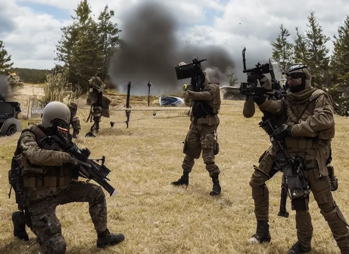 Image similar to the special forces in tactical gear shooting at a furry convention, epic movie shot, cinematic, volumetric lighting