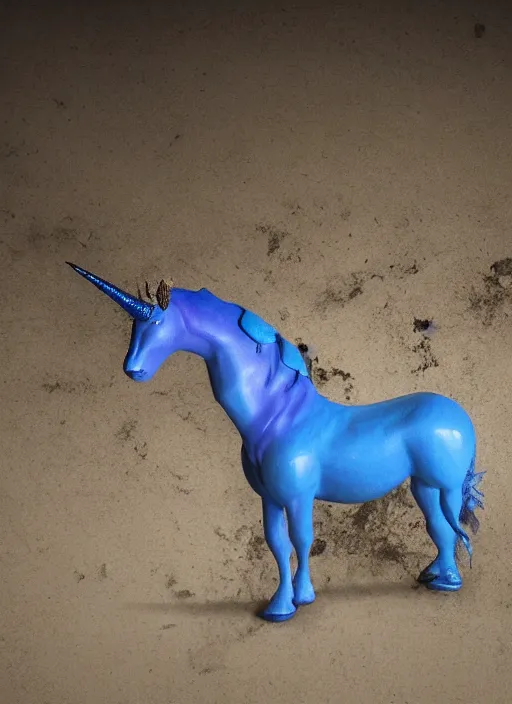 Prompt: blue unicorn with one horn, its skin is recovered by electrical discharges, it's running between a storm, the floor is a very big field of black rock, high - quality, realistic, breathtaking quality, ultrarealistic, there is space around the figure