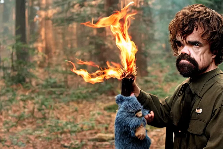 Image similar to peter dinklage holding a flare fighting smokey the bear, movie still, from the new sleepaway camp movie, 8 k, realistic