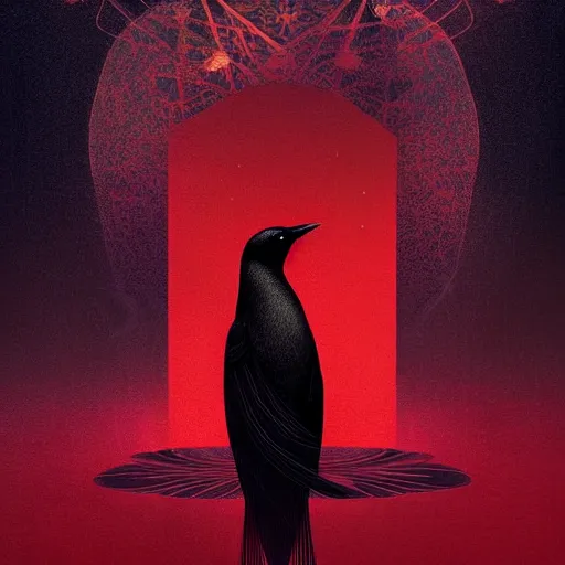 Prompt: beautiful digital fantasy illustration of a black bird with a red background, poster art by victo ngai, behance contest winner, vanitas, wiccan, tarot card, behance hd, high detail texture, unreal engine, 8 k, photographic quality, ultra hyper realistic quality, 8 k definiton, hyper - realistic, cinematic, cinematic lighting