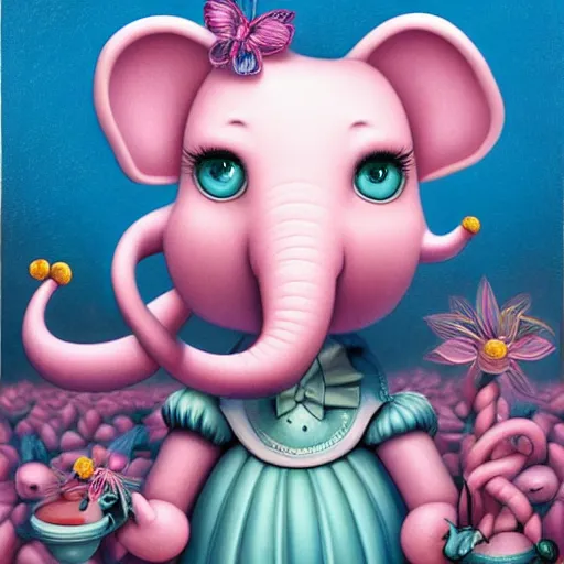 Prompt: a surreal picture of a pink elephant pastel colors by mark ryden insanely quality, elegant, highly detailed, digital painting, artstation, concept art, pop, smooth, sharp focus, illustration, art by mark ryden and lisa frank and dali 3 d 8 k ultra detailed