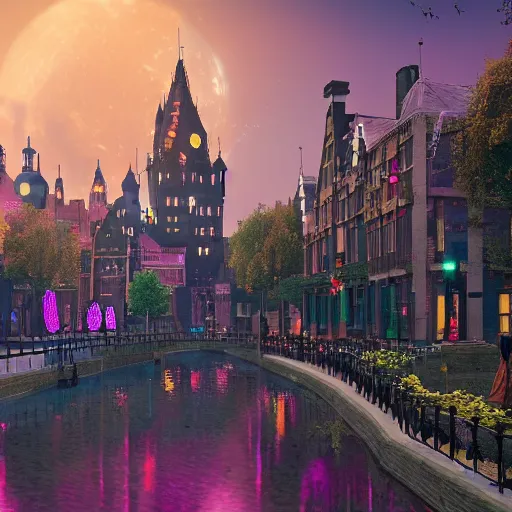 Prompt: A bustling magical town, witches and black cats are dancing around a colorful music festival, the large academy of magic and science can be seen towering in the distance, inspired by Victorian England and Amsterdam, highly detailed, matte painting, octane render, 8k, unreal engine