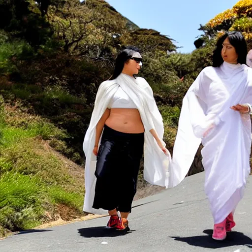 Image similar to A white woman and an East Asian woman, both wrapped in saris, walk up and down the hills of San Francisco on the arm of Indian boyfriends decked in normie tech bro outfits