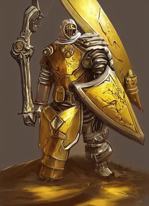 Prompt: dynamic portrait of a big eye warforged character in yellow armor holding a paladin engraved longsword and carrying a big shield, epic , trending on ArtStation, cinematic lighting, by Jesper Ejsing