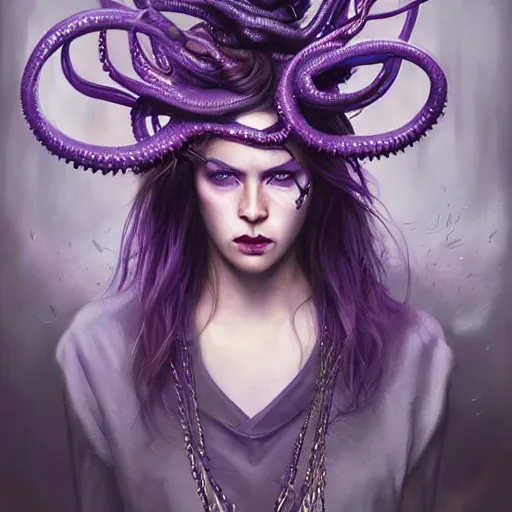 Prompt: art portrait of a furious girl with purple tentacles on her head, and purple eyes, 8k,by tristan eaton, Stanley Artgermm,Tom Bagshaw,Greg Rutkowski,Carne Griffiths,trending on DeviantArt, face enhance,hyper detailed ,full of colour,