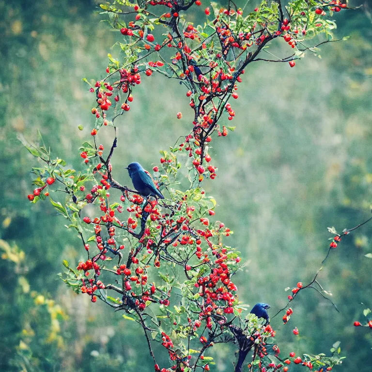 Image similar to human with the sea and the forest inside, veins diverge through the body like rivers filmed on a satellite, a person is decorated with wild berries, a beautiful bird is looking at him next, colorful picture