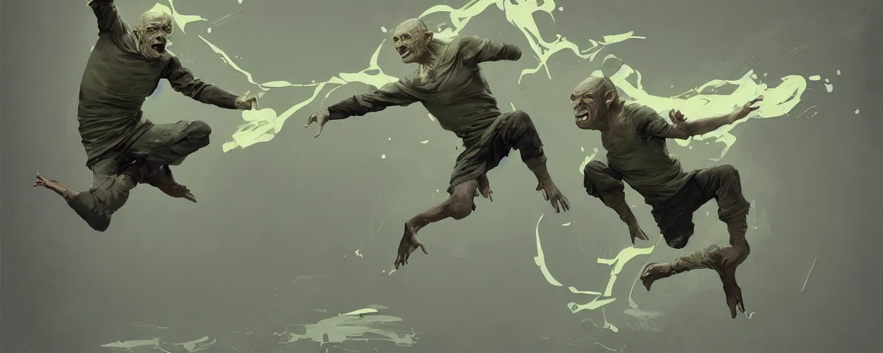 Image similar to duotone olive green grey illustration 3 / 4 portrait of gollum doing kunfu air kicks. dynamic chaotic composition accidental renaissance golden ratio. by sachin teng and sergey kolesov and ruan jia and heng z. graffiti art, scifi, fantasy, hyper detailed. octane render. concept art. trending on artstation