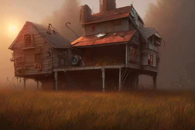 Prompt: a house with two mechanical legs looking like a human, rust, hyperrealistic, highly detailed, cinematic, single ray of sun, fog, beautiful, cgssociety, artstation, 8 k, oil painting