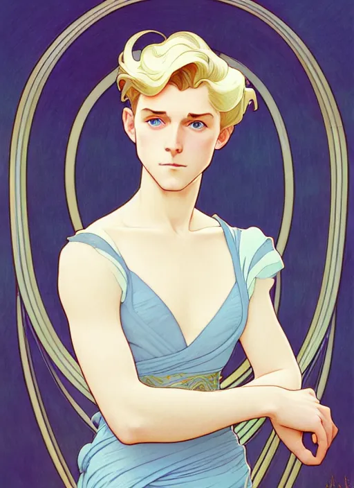 Prompt: art nouveau portrait of a pretty young man with short blond hair, light blue eyes, sad expression, natural lighting, path traced, highly detailed, high quality, cartoon, digital painting, by don bluth and ross tran and studio ghibli and alphonse mucha