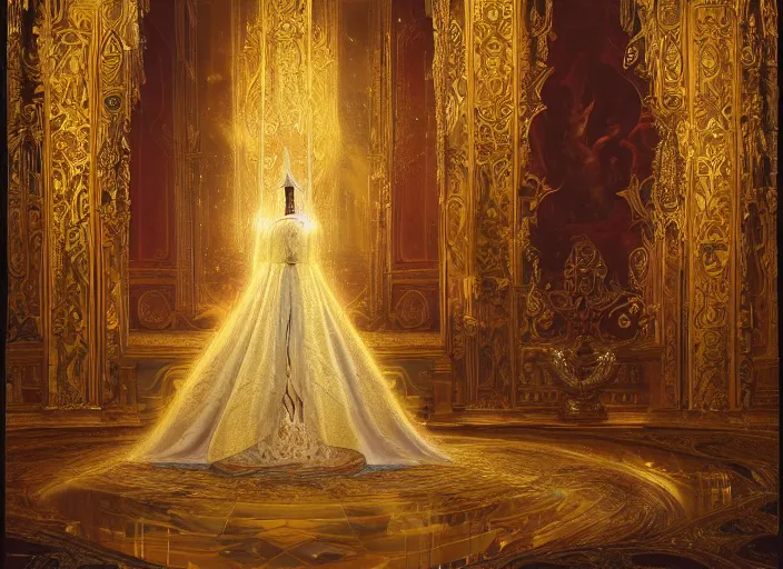 Image similar to kneeling before the pope, royal robe, gold trim, light effect, hyper detailed, intricate, atmospheric, elegant, photorealistic by paul lehr, marco mazzoni, featured on cgsociety, rococo, whimsical, artstation