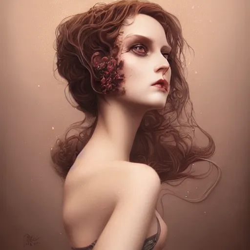 Prompt: tom bagshaw portrait, very beautiful dollpunk in a full dress and long thin lustrous auburn hair, professionally retouched, ultra realistic soft painting, perfectly detailed linework, symmetrical accurate intricate features, behance, focus