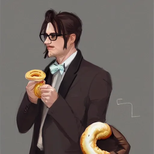 Prompt: a german long brown hair guy with glasses and very short goatee on a tuxedo holding a bagel!, trade offer meme, art by greg rutkowski