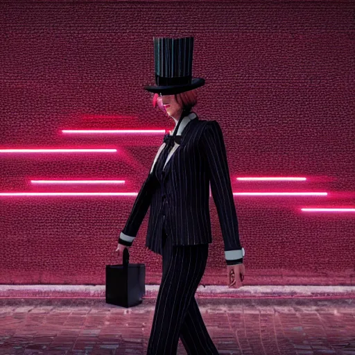 Image similar to stylish woman made out of rain, pinstripe suit, top hat, cyberpunk background, rendered in octane, unreal engine, highly detailed, trending on artstation, realistic, neon, beautiful