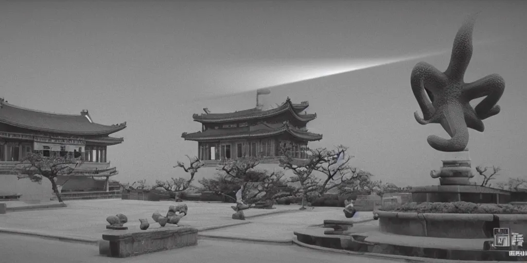 Image similar to light coming out of one bull - like kaiju starfish monster, korean film noir, korean traditional palace, pyongyang city, 1 9 6 0 s, red color bleed, 4 k, video compression, video glitch, monochrome, akira kurosawa