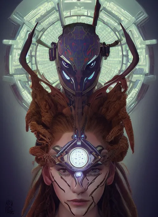 Image similar to symmetry!! portrait of clockface alien in the style of horizon zero dawn, machine face, intricate, elegant, highly detailed, digital painting, artstation, concept art, smooth, sharp focus, illustration, art by artgerm and greg rutkowski and alphonse mucha, 8 k