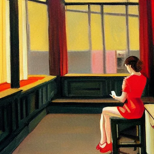 Prompt: a painting of a woman sitting in a bar scrolling on her smartphone in the style of edward hopper