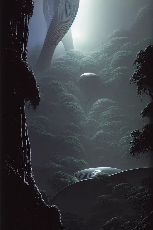 Image similar to emissary space by author haas and bruce pennington and john schoenherr, cinematic matte painting in a lush jungle at blue hour, zaha hadid building, 8 k, dark moody monochrome color palate