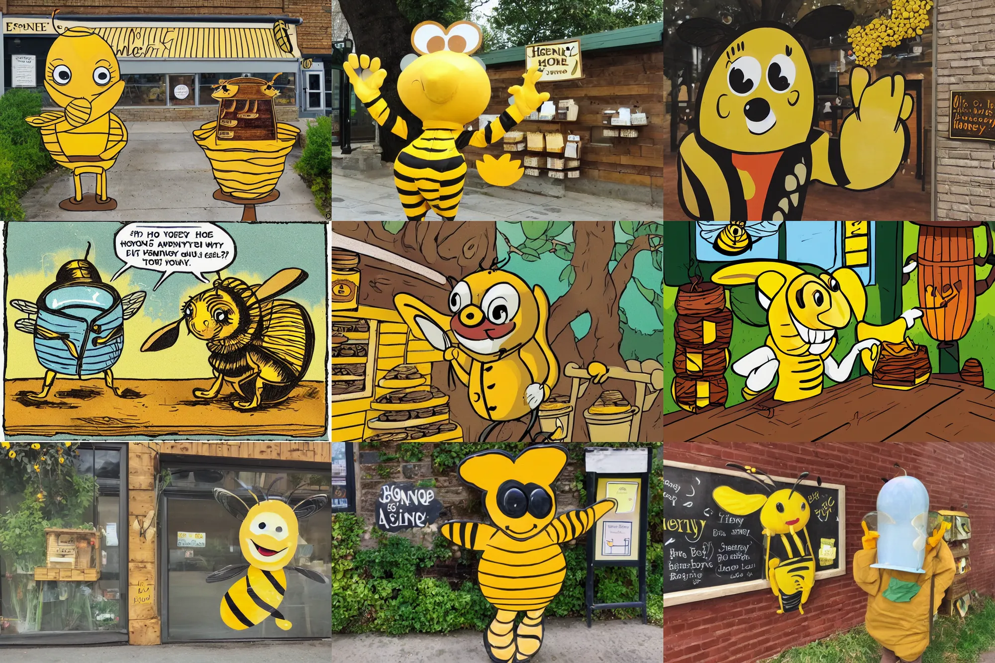 Prompt: extremely anthropomorphic bee walking into a honey shoppe