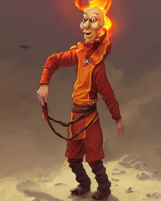 Image similar to [ squidward ] wearing fire nation clothing and practicing firebending outside at susnset, oil painting, highly detailed, intricate, hd, sharp focus, photorealistic, by moebius and greg rutkowski, trending on artstation, trending on cgsociety, realistic shading and lighting