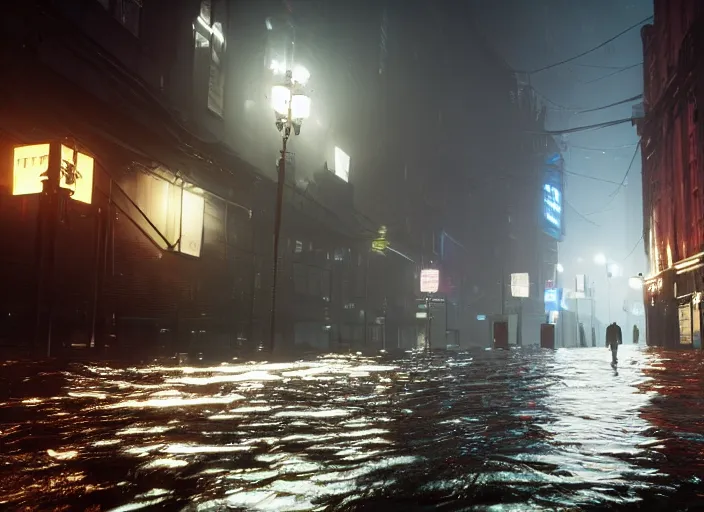 Prompt: dark, misy, foggy, flooded new york city street in Destiny 2, liminal creepy, dark, dystopian, highly detailed 4k in-game screenshot leak datamine from reddit