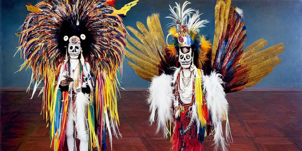 Prompt: ney matogrosso with paint on face, feathers, leather, lace, gold wings on head, tibetan skeleton dancer, painting by gottfried helnwein, leonora carrington