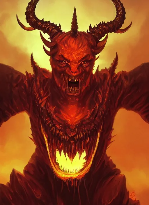 Prompt: hellish demon with forked tongue and horns, satan, gold fangs, close up, sinister, portrait, highly detailed, digital painting, artstation, concept art, matte, sharp focus, illustration, dramatic, cinematic sunset, hearthstone, art by artgerm and greg rutkowski and alphonse mucha