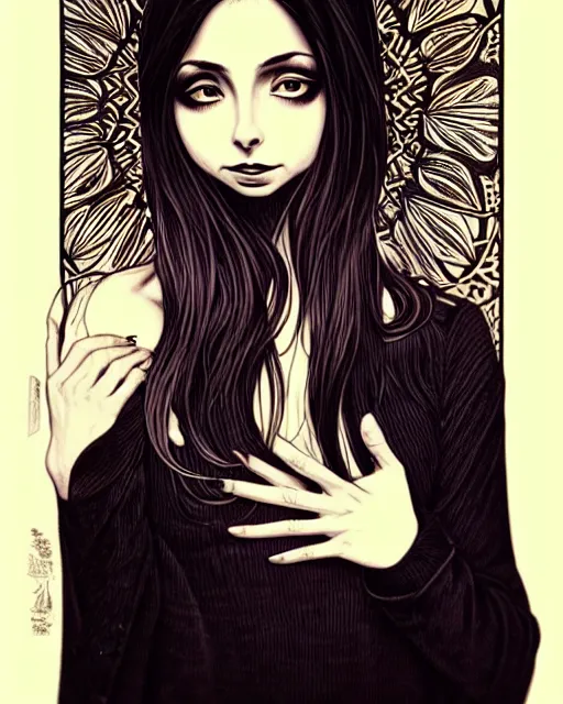 Image similar to style of audrey kawasaki, artgerm : : gorgeous willa holland : : evil witch, swirling black magic, black dress : : symmetrical face, symmetrical eyes : : full body pose : : gorgeous black hair : : magic lighting, low spacial lighting : :