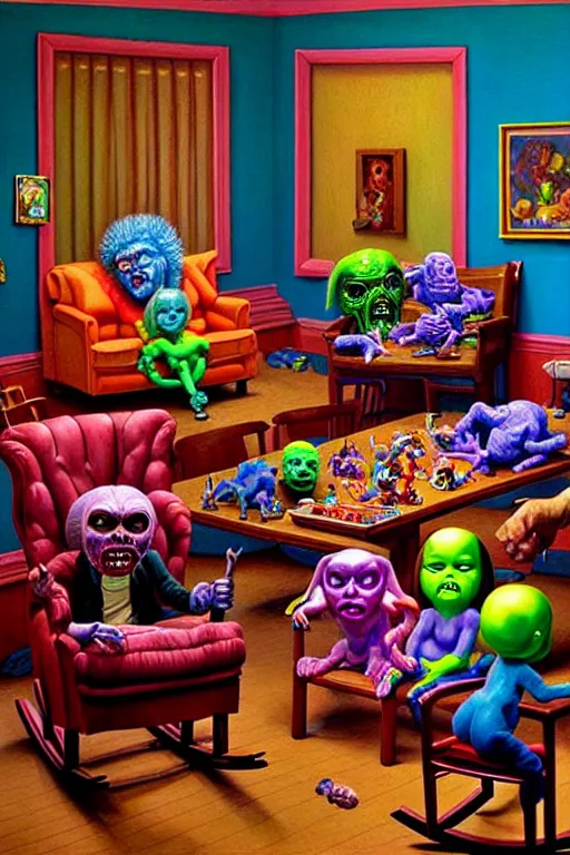 Prompt: a hyperrealistic painting of a room full of evil possessed toys watching a grandma in a rocking chair, cinematic horror by chris cunningham, lisa frank, richard corben, highly detailed, vivid color,