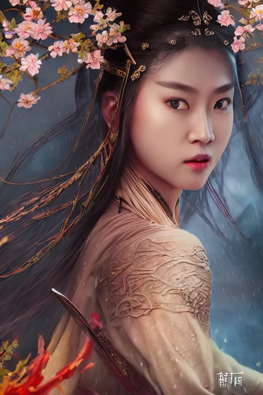 Image similar to beautiful cinematic fantasy portrait of wuxia heroine, in forbidden City Rainning, flowers sea everywhere, beautiful glowing galaxy eyes, hybrid from Dynasty Warriror and art direction by tian zi and WLOP and Darius Zawadzki cinematic quality character render; low angle; fantasy, intricate, very very beautiful, elegant, highly detailed, digital painting, production quality cinema model;