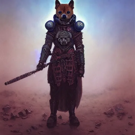 Image similar to skull black armor, anthropomorphic shiba inu, shiba inu face, shaman, stuning 3 d render, masterpiece, glowing aura, by donato giancola and greg rutkowski and wayne barlow and zdzisław beksinski, realistic face