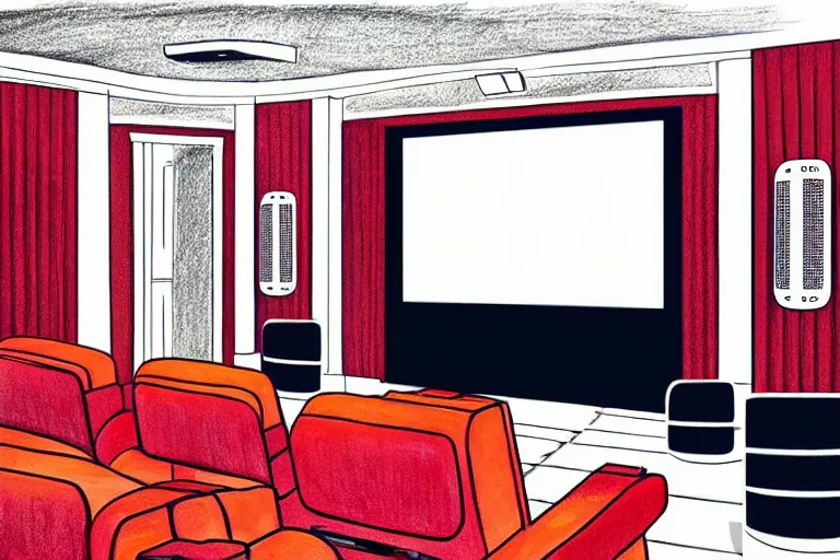 Image similar to very wide view, a modern home movie theater with big screen, stylish sconces, old popcorn machine!, movie posters!, very happy, interior designed by kelly wearstler, rough color pencil illustration