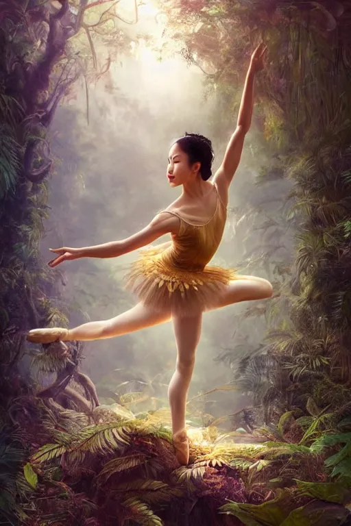 Image similar to stunningly beautiful, asian prima ballerina in jungle, symmetrical face, golden hour, smooth, focus, highly detailed, hyper realistic, dramatic lighting, elegant, intricate, concept art, art by wlop, mars ravelo, greg rutowski