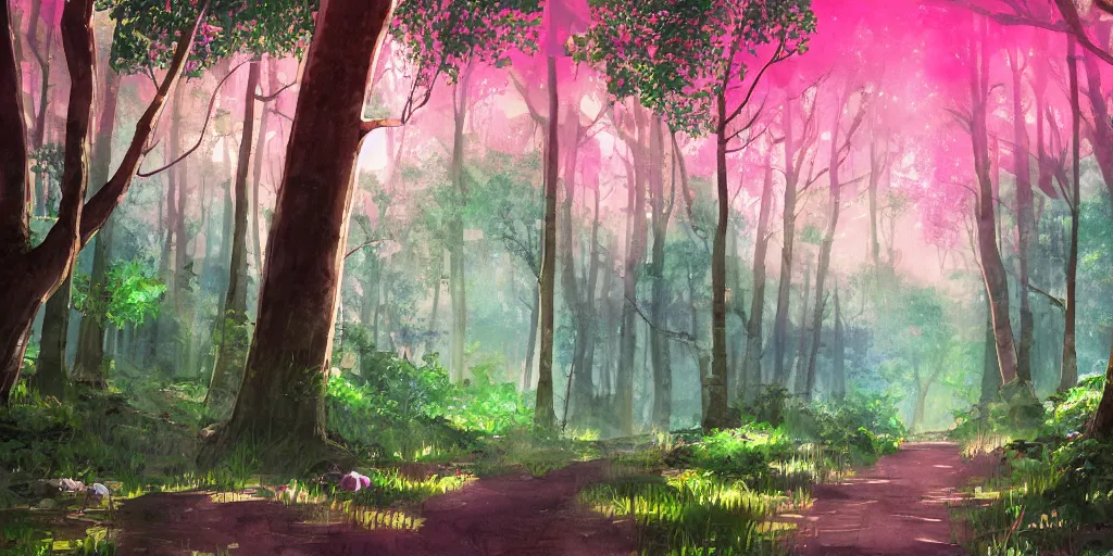 Prompt: path through a wide forest, modern contemporary, lanterns. watercolor art, expansive cinematic view, volumetric shading, intricate and detailed, highly saturated colors. breath of the wild style, by hayao miyazaki ghibli!!!. pastel!! pink!! accents. trending on artstation. award winning