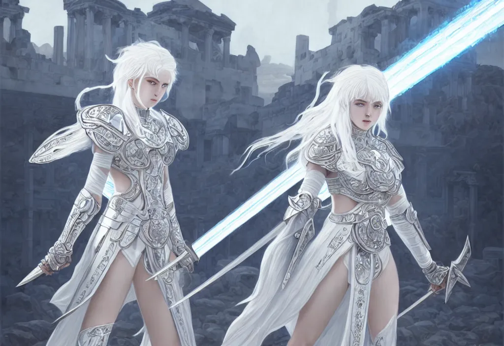 Image similar to white hair knights of zodiac girl wearing matt white ice color armor, kenjutsu dueling in ruined agora of athens sunrise, ssci - fi and fantasy, intricate and very beautiful and elegant, highly detailed, digital painting, artstation, concept art, smooth and sharp focus, illustration, art by tian zi and wlop and alphonse mucha