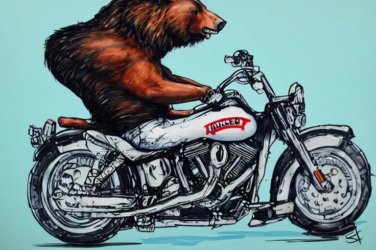 Image similar to a bear riding a Harley Davidson by Sandra Chevrier