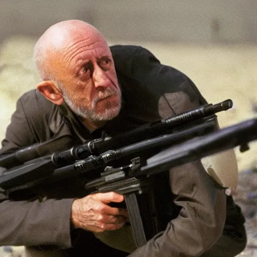 Image similar to Film still of Mike Ehrmantraut aiming a !!!sniper rifle!!!, 4k, !!highly detailed!!