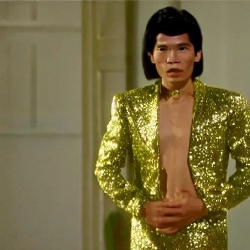 Image similar to A still of Ho Chin Minh wearing a disco suit in Saturday Night Fever