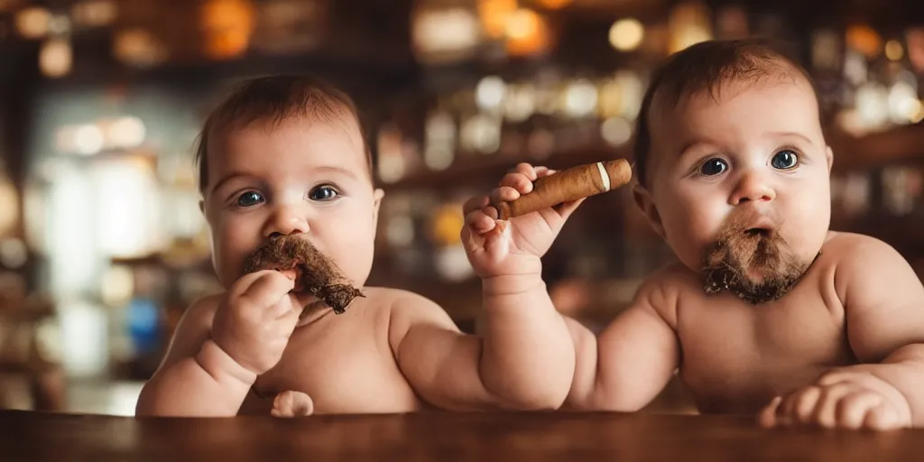 Prompt: a photo of a baby with musculature and a beard smoking a cigar and drinking whiskey in a bar