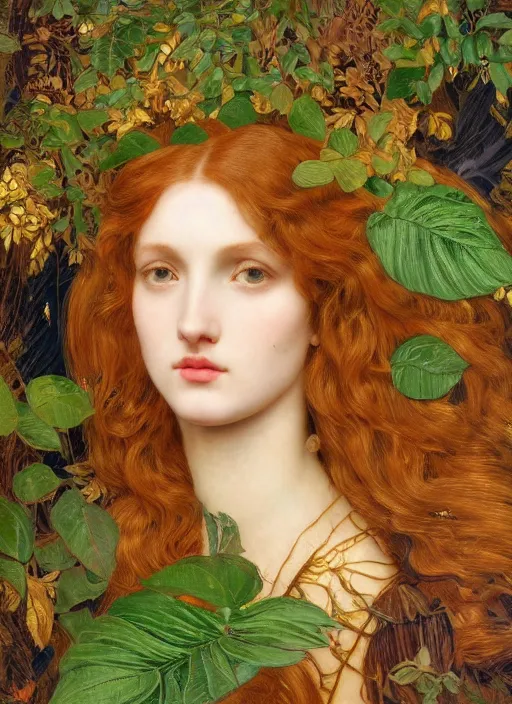 Image similar to masterpiece beautiful seductive flowing curves preraphaelite face portrait amongst leaves, extreme close up shot, straight bangs, thick set features, yellow ochre ornate medieval dress, magpie, amongst foliage mushroom forest circle arch framing, kilian eng and frederic leighton and rosetti, 4 k