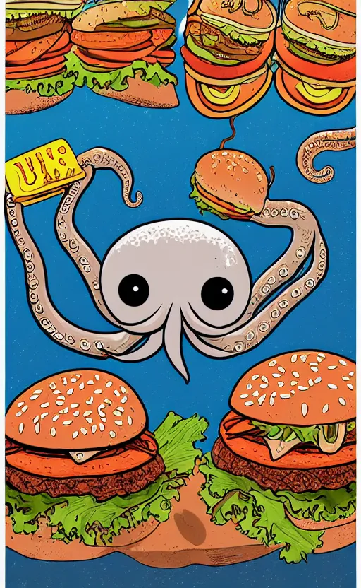 Image similar to highly detailed illustration of octopus holding burger, tentacles wrapped around hamburger, poster, symmetrical, 8 k, trending